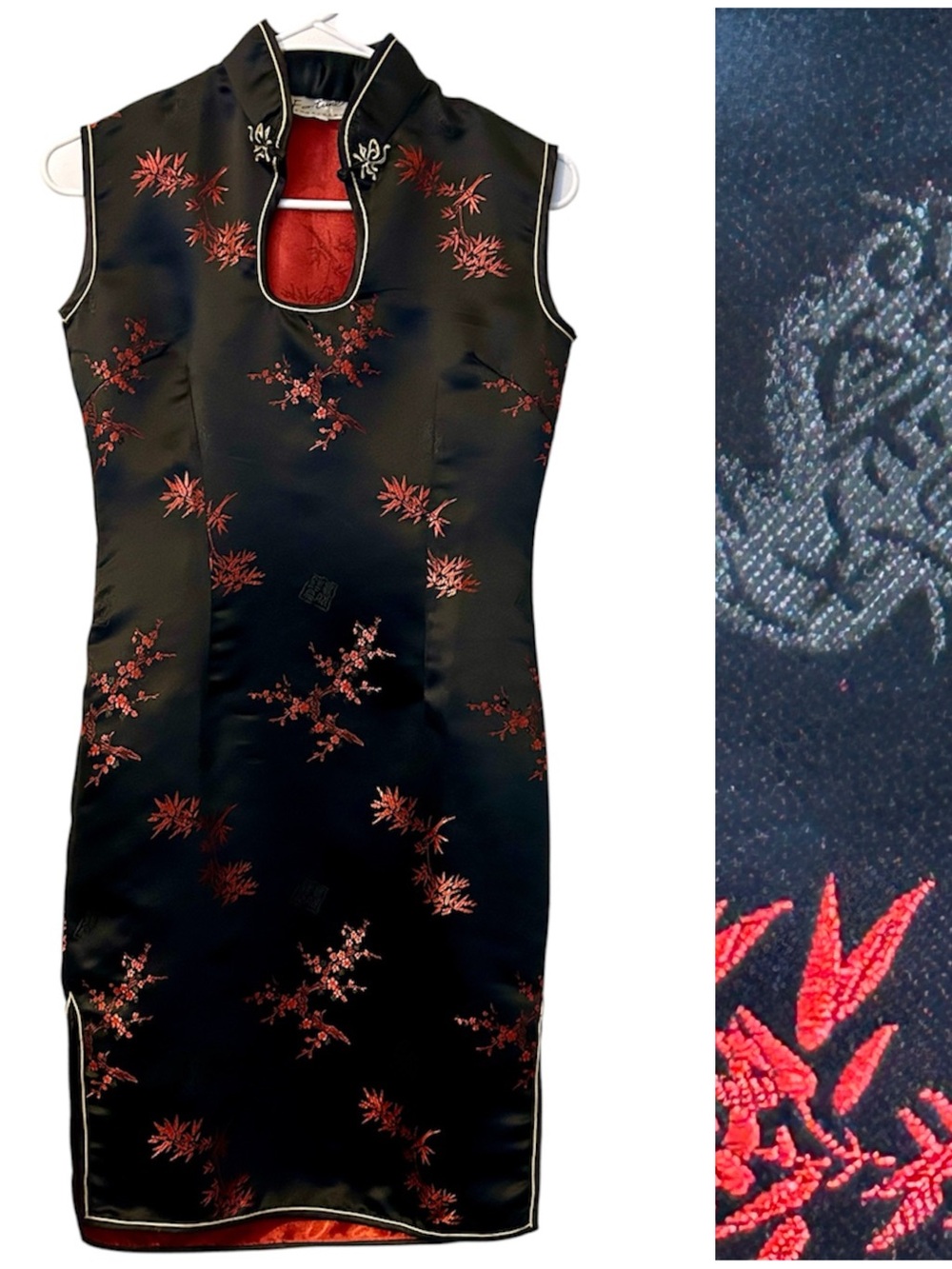 90s Vintage Black and Red Floral Satin Mandarin Collar Cheongsam Mini Dress